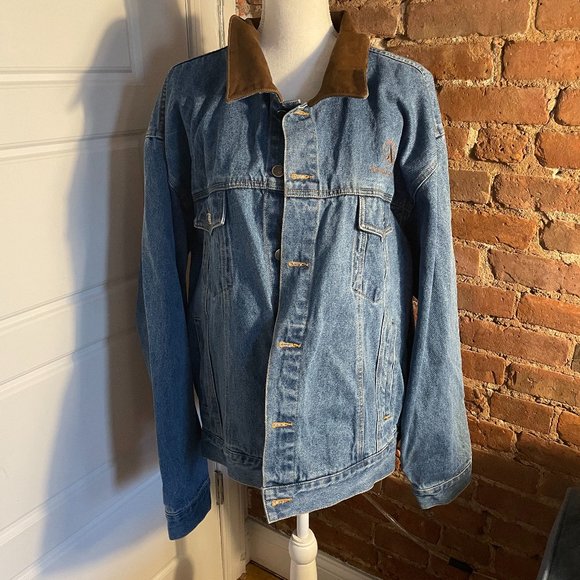 Vintage Other - Distressed Blue Jean Jacket with Leather detailing and Embroidered Logo